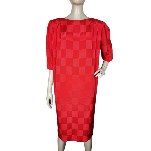 Vintage 80s Liz Claiborne Red Brocade Checker Puff Sleeve Shift Dress Size 12 - Picture 3 of 10